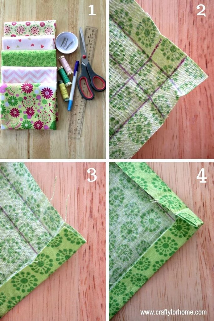 Handmade Mitered Corner Napkins | A simple tutorials on how to make handmade mitered corners napkins from fat quarters as an easy DIY project for home. #fatquartersproject #easysewingtutorials #miteredcornernapkins #handmadeclothnapkins #DIYmiteredcornernapkins #DIYhomewarminggifts #DIYchristmasgifts #DIYprojectsforwedding #clothnapkinsforwedding #DIYhomemadegifts #sewingforkids #DIYhomedecor for full tutorials on https://craftyforhome.com