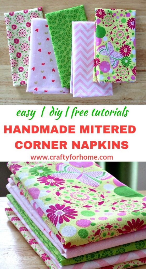 Handmade Mitered Corner Napkins | A simple tutorials on how to make handmade mitered corners napkins from fat quarters as an easy DIY project for home. #fatquartersproject #easysewingtutorials #miteredcornernapkins #handmadeclothnapkins #DIYmiteredcornernapkins #DIYhomewarminggifts #DIYchristmasgifts #DIYprojectsforwedding #clothnapkinsforwedding #DIYhomemadegifts #sewingforkids #DIYhomedecor for full tutorials on https://craftyforhome.com