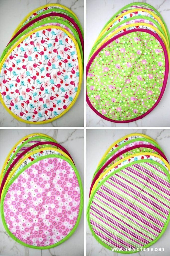 How To Sew Easter Egg Placemat | These Easter egg placemat tutorials are easy to follow and fun to do for Easter sewing project ideas, and you can do it in one afternoon. #eastereggplacemat #eastereggplacematpattern #eastersewingproject #fatquartercrafts #sewingcraftforkids #springseasonproject #ovalplacemattutorials #easyquiltproject #eastercraft #easterdecoration for full tutorials on www.craftyforhome.com