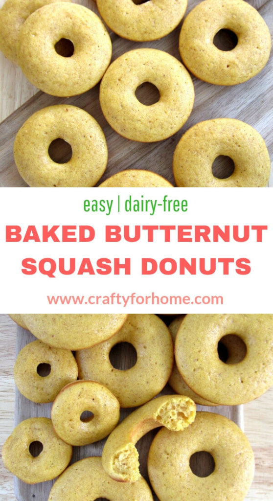 Baked Butternut Squash Donuts | This easy baked butternut squash donuts recipe is easy, fun, and delicious for a snack or on-the-go breakfast. The butternut squash donuts are baked instead of fried, delicious, and perfect for fall season friendly meal. Dairy-free, nut-free. #easydonuts #bakeddonutrecipes #butternutsquashdonuts #butternutsquashrecipes #dairyfreedonuts #nofrieddonuts #fallseasonsnack for full recipe on www.craftyforhome.com