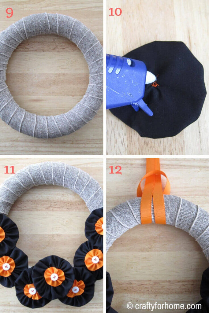 Easy Fabric Flower Fall Wreath | Easy DIY fabric flower fall wreath tutorial for the front door or wall using dollar store’s supplies, handmade fabric flower, and basic stitching.#fallwreath #fallseasoncraft #DIYfallwreath #fabricflowers #ribboncrafts #DIYhomedecor #burlapcrafts for full tutorials on https://craftyforhome.com