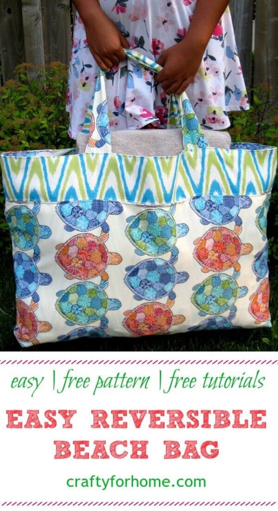 Easy Reversible Beach Bag | A DIY and easy to follow tutorials on how to sew oversized reversible beach bag and has pockets with the zipper, it will fit several large beach towels and all the necessities you need for summer fun at the beach or water park with family and friends. #DIYbag #easytotepattern #sewingbag #sewingproject #bagpattern #sewingtutorials #sewingforkids #craftforkids #sewingtips #freebagpattern #sewingforsummer for details on https://craftyforhome.com