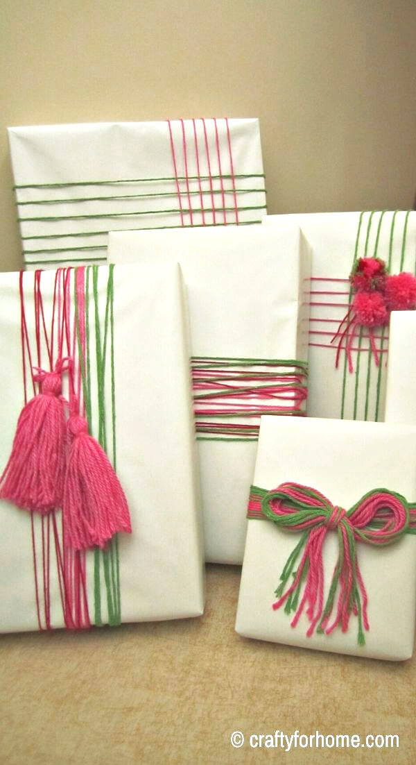 Gift wrapped with decorative yarn