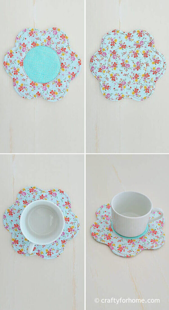 White cup on top of the flower shaped coaster