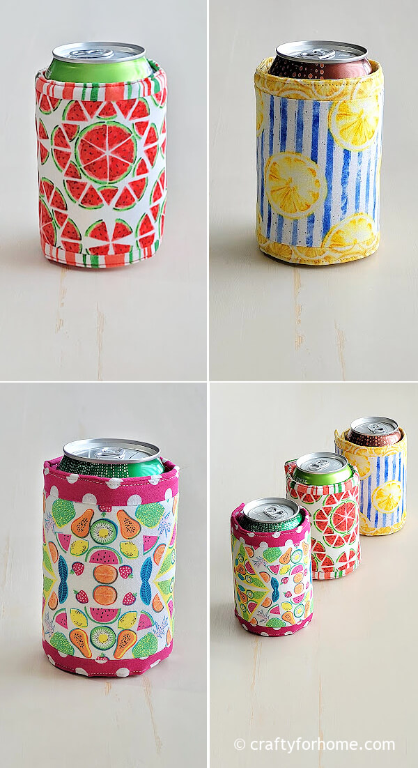 Yellow, pink, and red printed fabric for the soda can cozy.