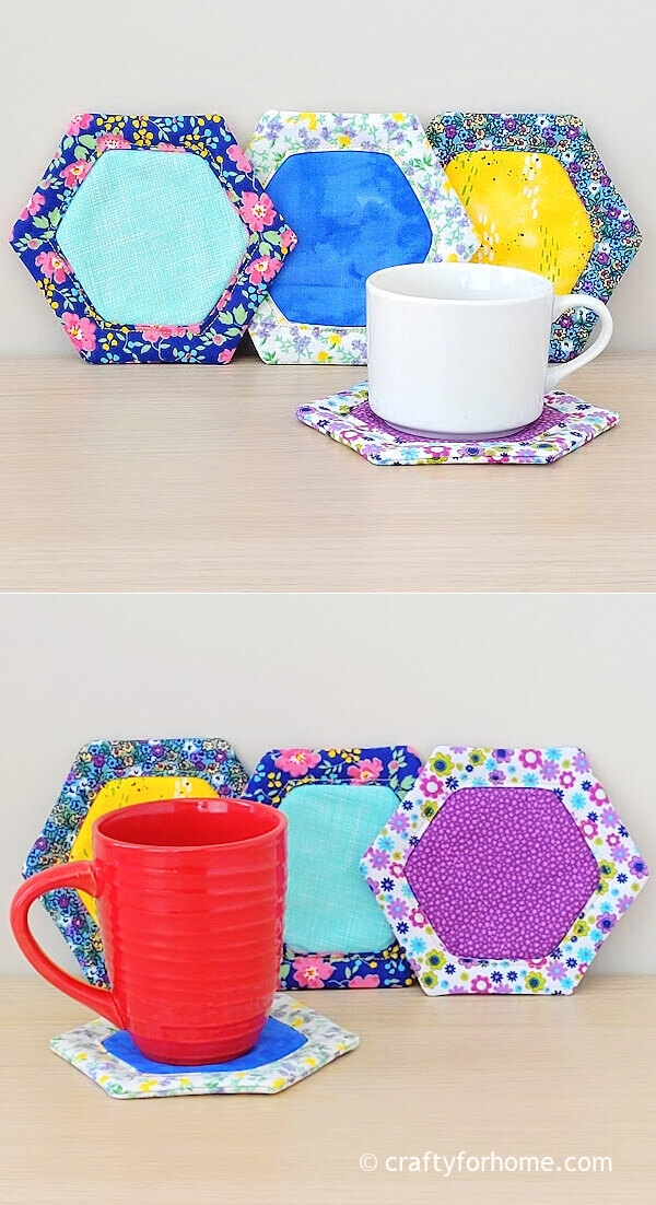 Blue and yellow hexagon coasters with red mug.