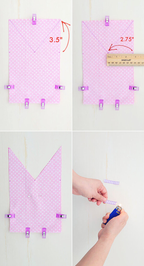 Measuring the pink fabric.