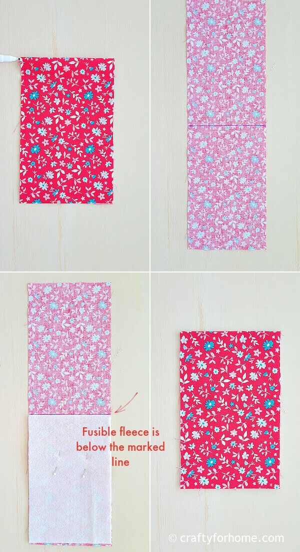 Sewing fusible fleece on pink fabric.