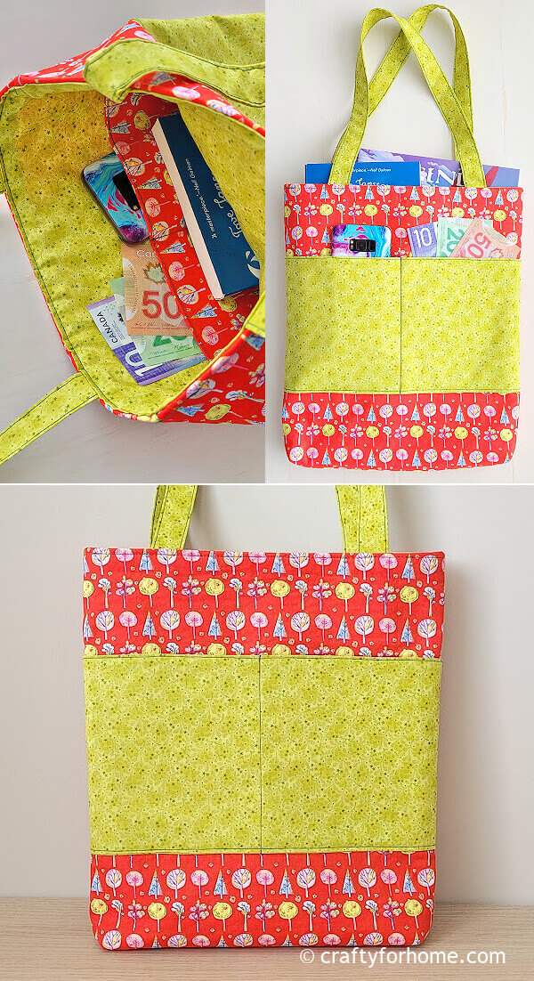 Tote bag with green pocket fabric.