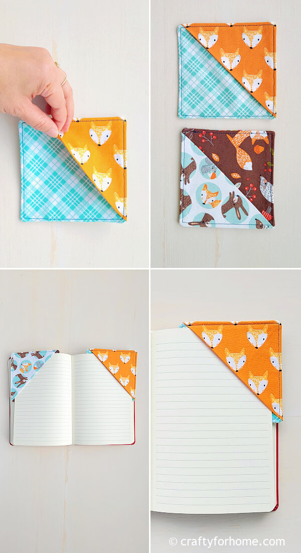 Orange and blue fabric bookmarks.