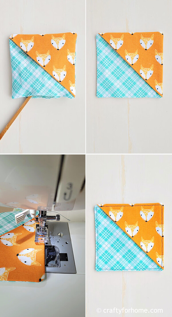 Topstitching square fabric bookmark.