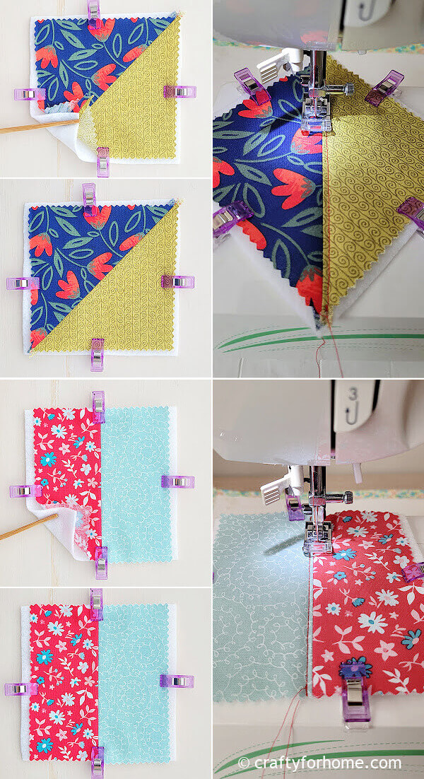 Sewing the blue and pink square patchwork.