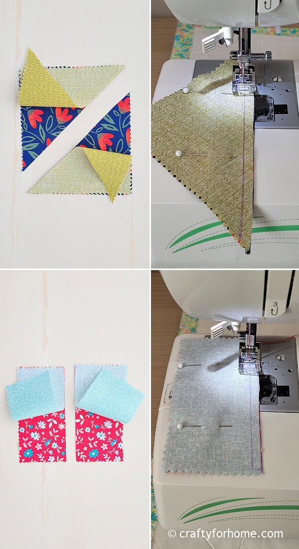 Sewing the square fabric pieces.