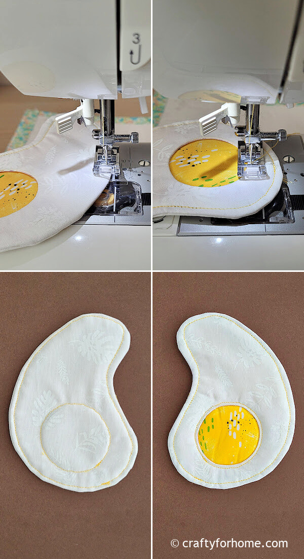 Topstitching the fried egg coaster.