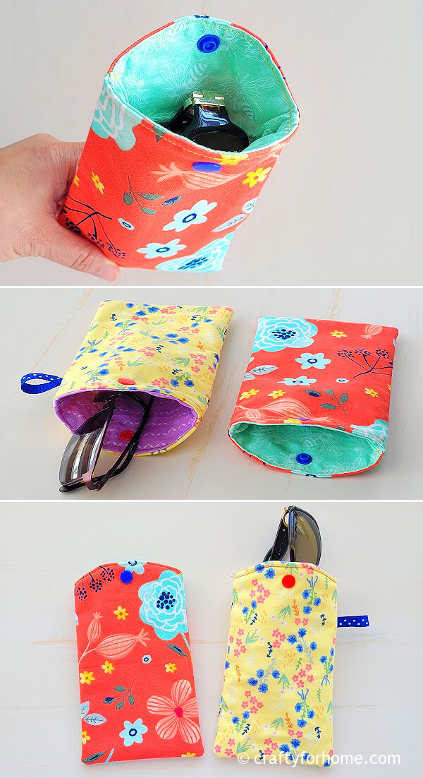 Red and yellow sunglasses case from fabric.