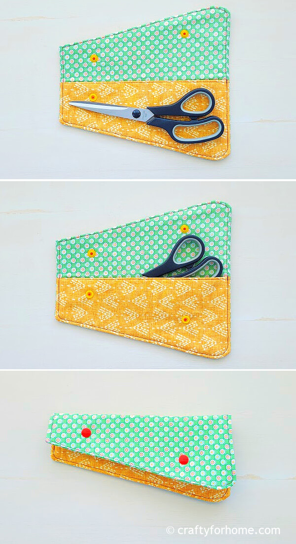 Scissors holder from yellow and green fabric.