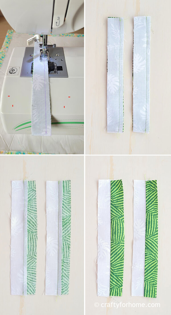 Sewing green and white fabric.
