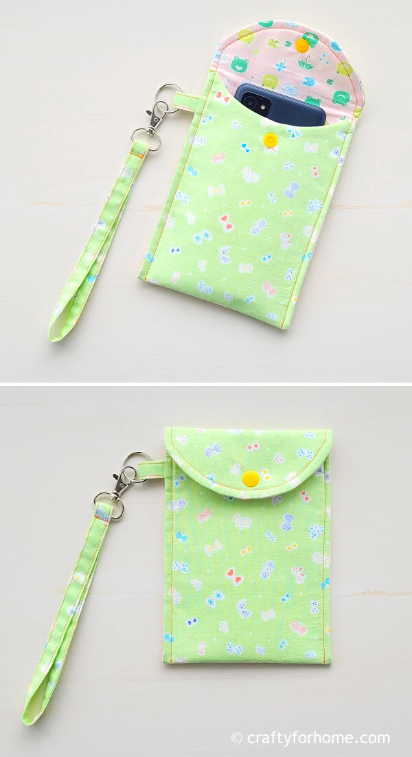 Green pouch with yellow button.