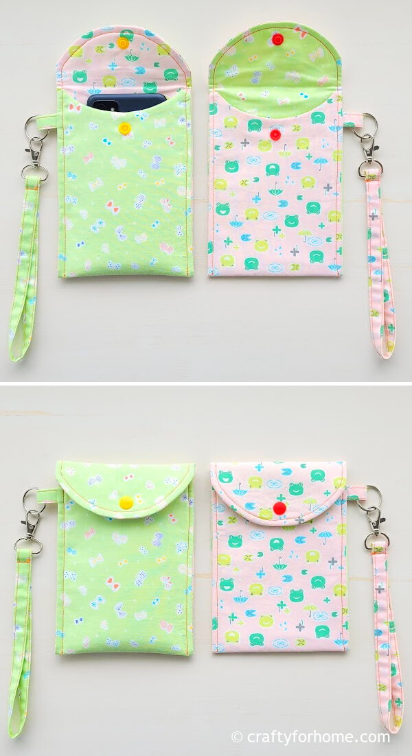 Pink and green fabric phone pouch.