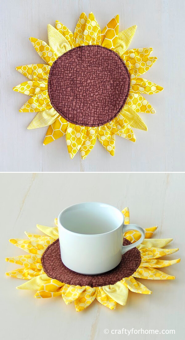 Sunflower mug rug with a white cup.