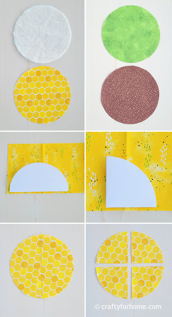 Tracing half circle on yellow fabric.