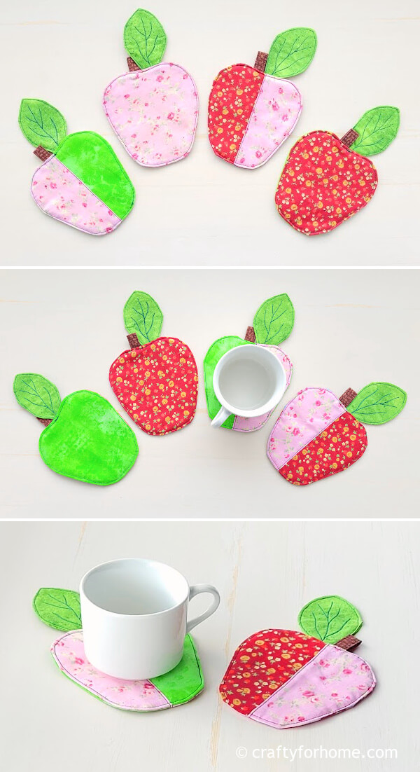 Red, pink, and green apple coaster with a mug.