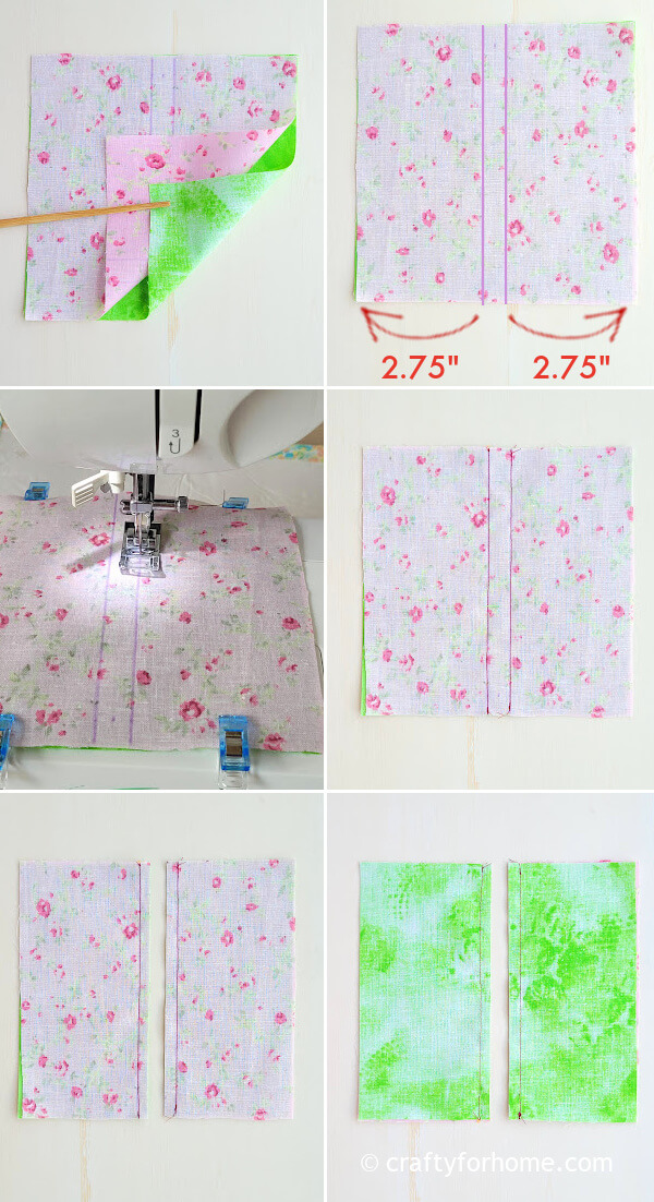 Sewing green and pink fabric square.