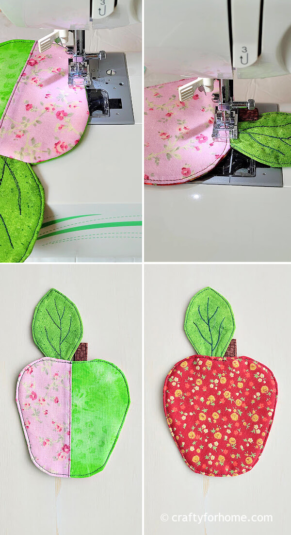 Topstitching fabric apple mug mat.