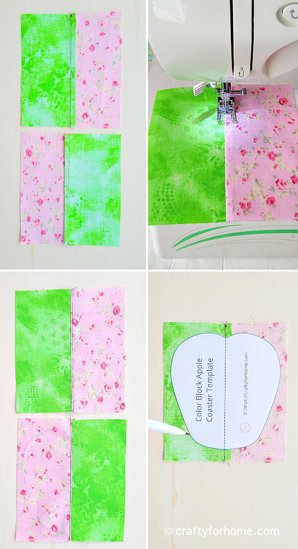 Tracing apple template on green and pink fabrics.