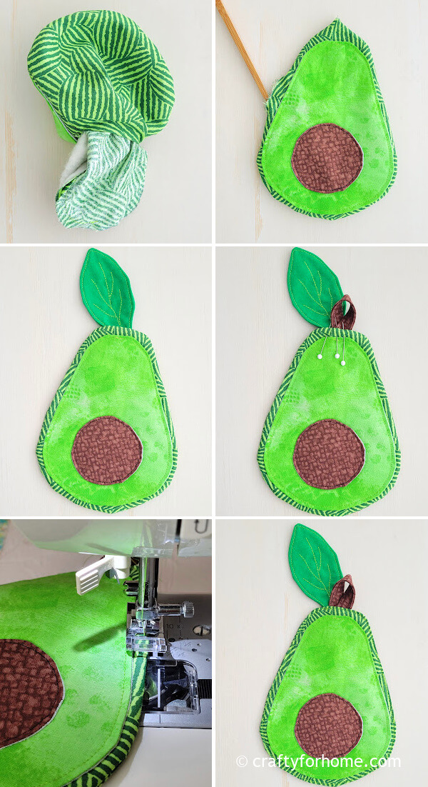 Finishing to sew avocado coaster.