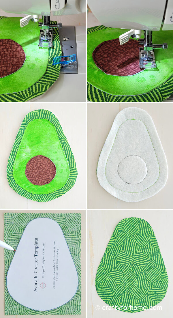 Sewing green avocado mug rug.