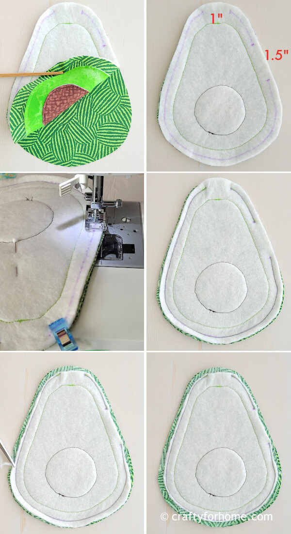 Trimming the batting from green fabric.