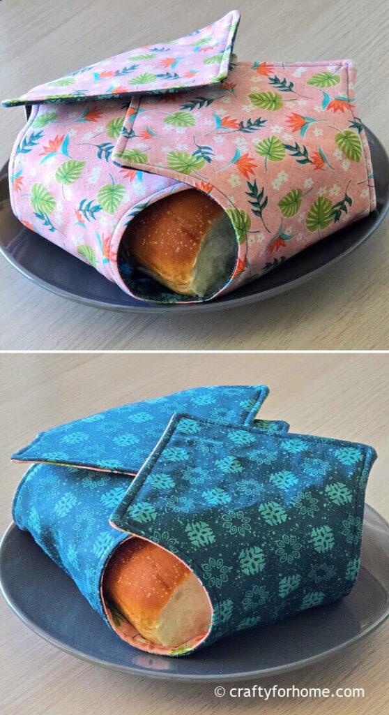 Bread wrapped on pink and blue fabrics.