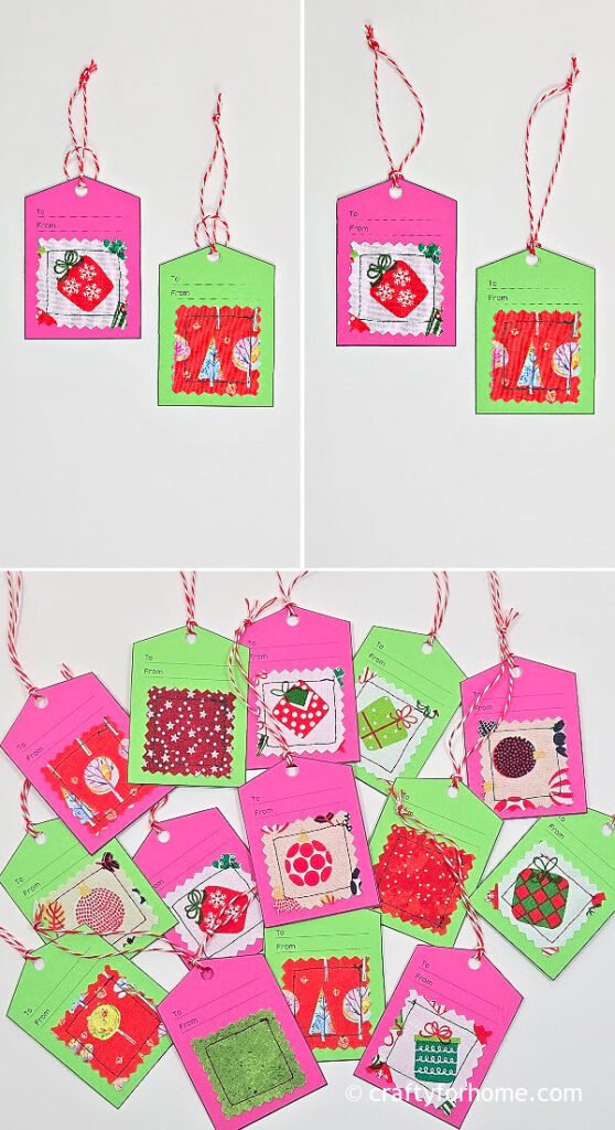 Colorful gift tags with fabric.