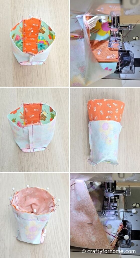 Sewing the small fabric basket.