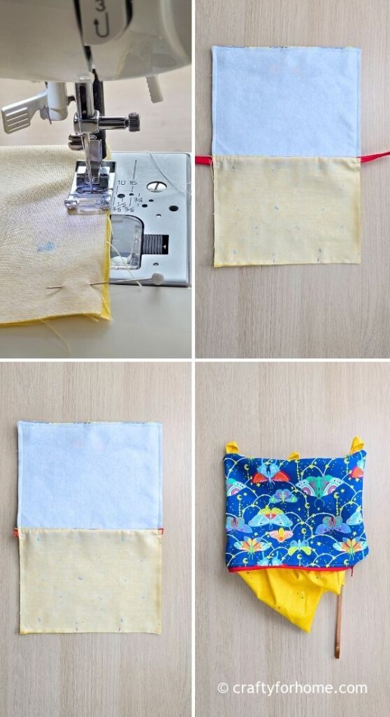 Sewing a blue pencil bag.
