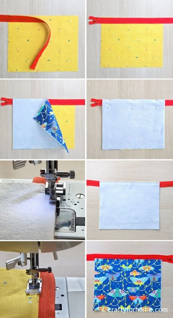 Sewing zipper on yellow fabric.
