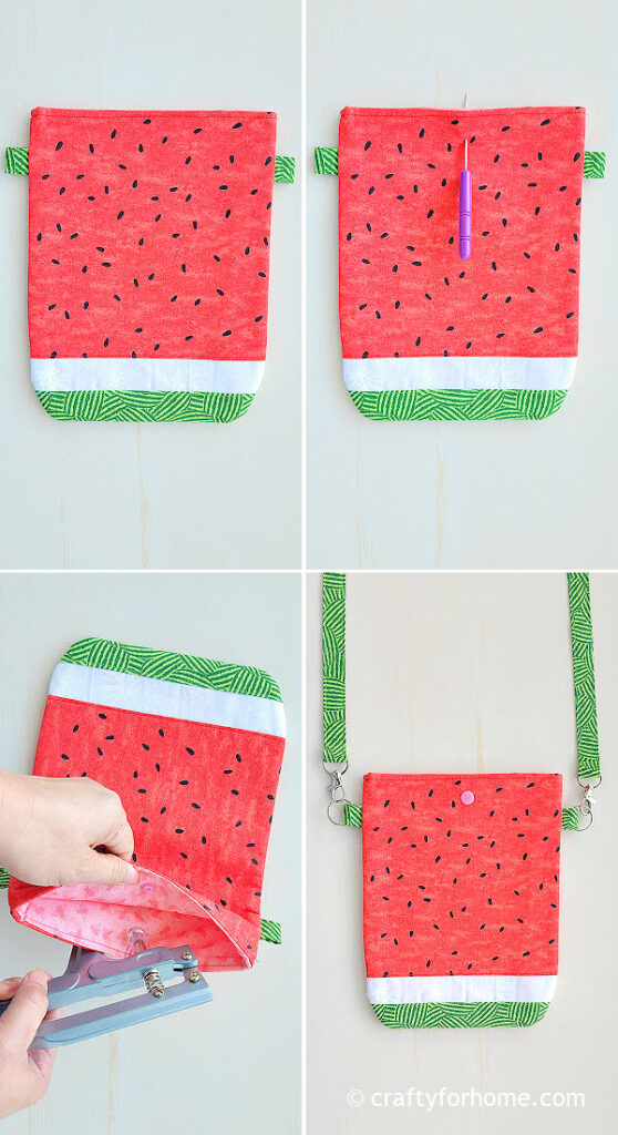 Attaching the snap button on watermelon bag.