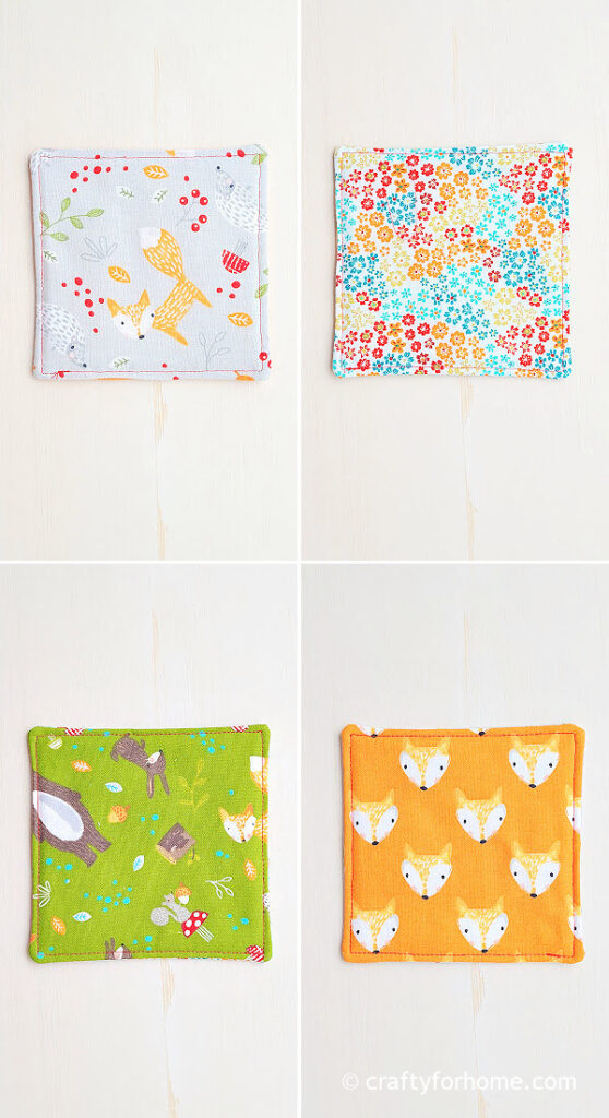 Green, orange, and flower print fabric square coasters.