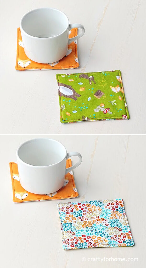 White mug on fox print fabric coaster.