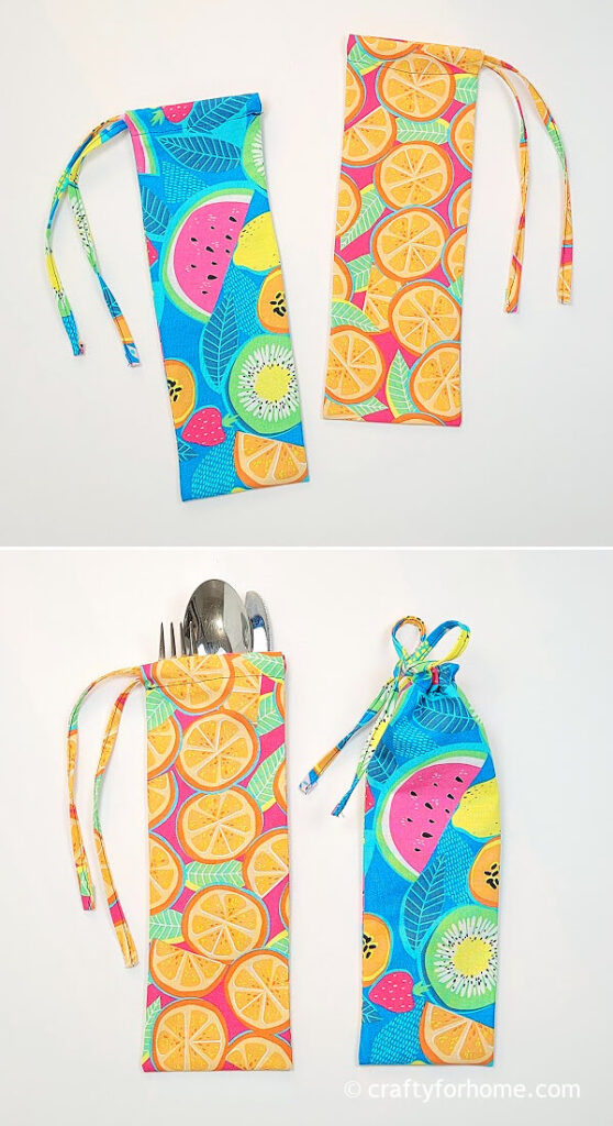 Cutlery inside the drawstring bag.