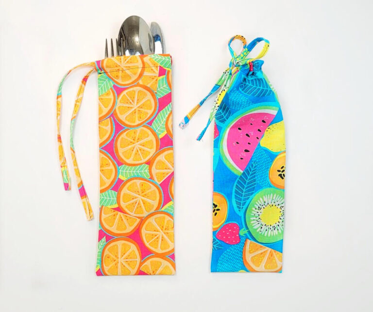 Orange and blue fabric for cutlery drawstring pouch.