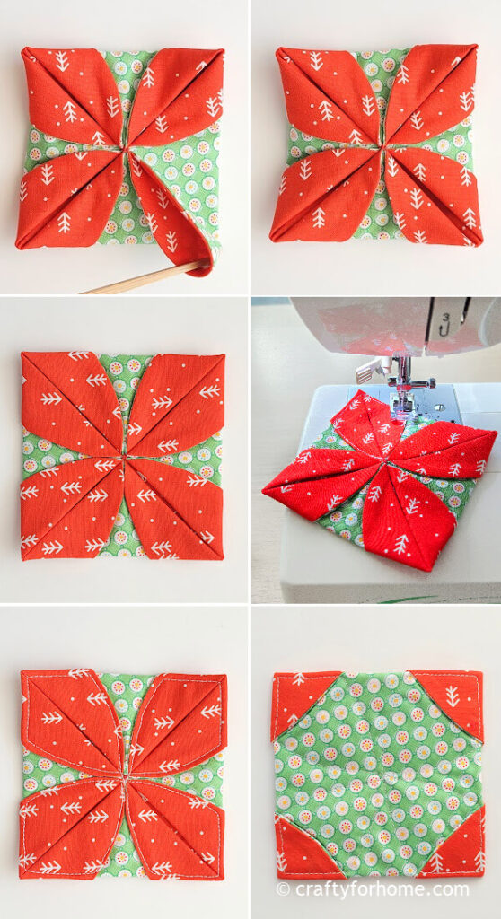 Sewing the poinsettia coaster.