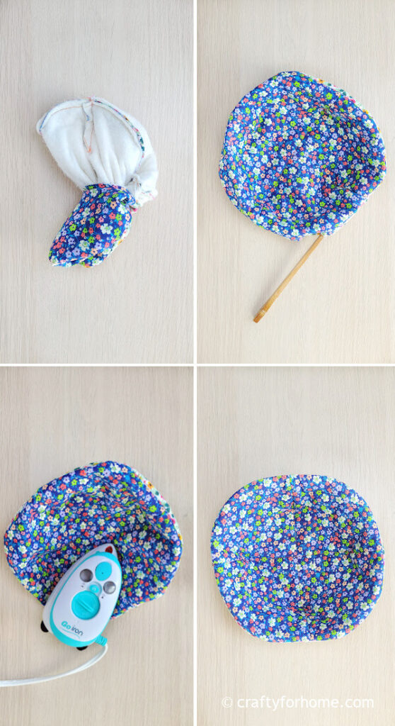 Turning blue fabric right side out.