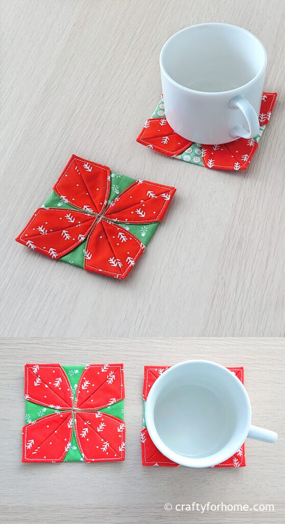 White mug on the poinsettia coaster.