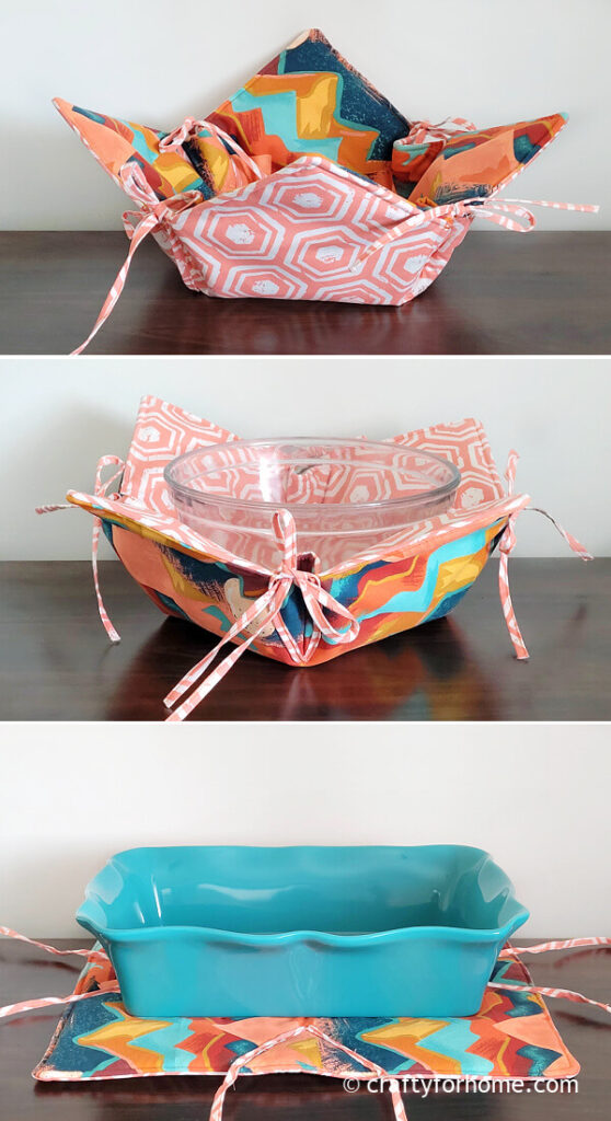 Blue pan on the colorful hot pad.