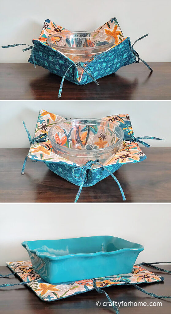 Blue pan on the larger hot pad.