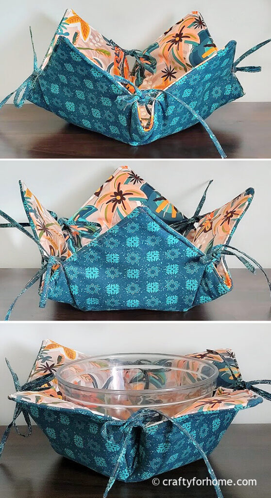 Clear glass bowl on the fabric cozy.