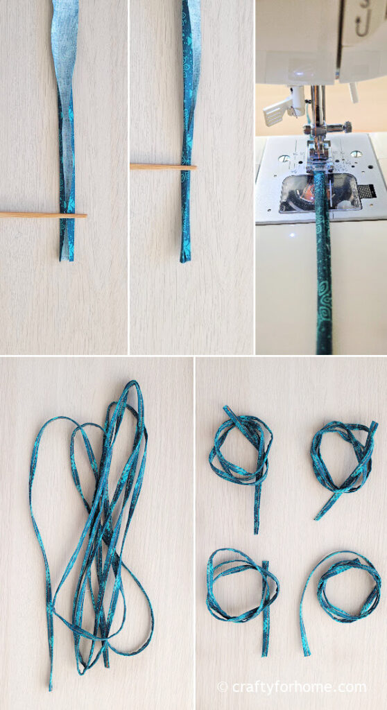 Four blue fabric strings.