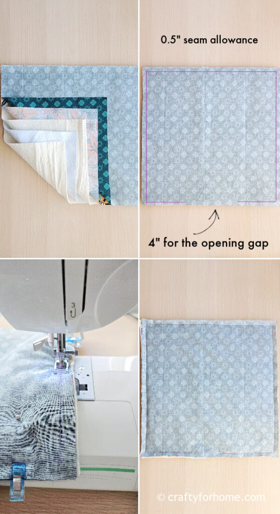 Sewing blue fabric for hot pad.